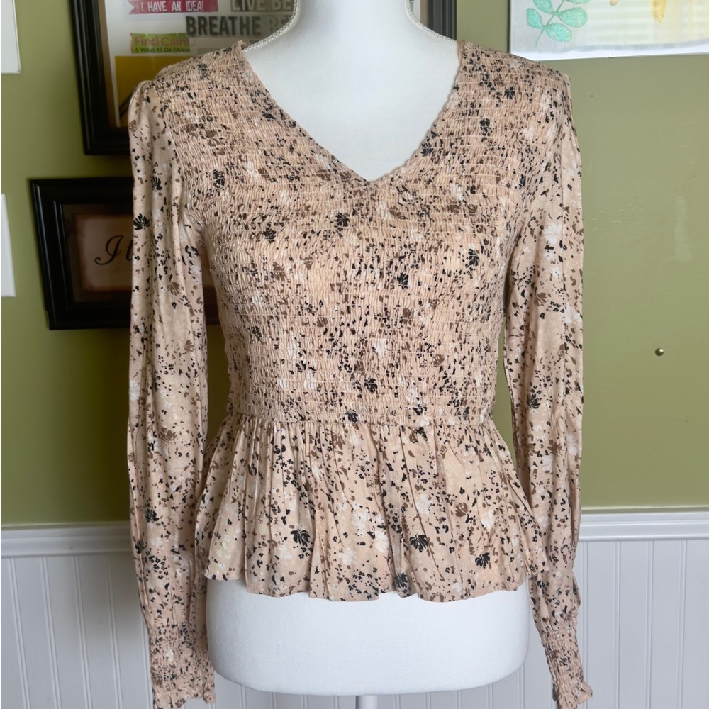 Japna Beige and Black Floral Peplum Blouse